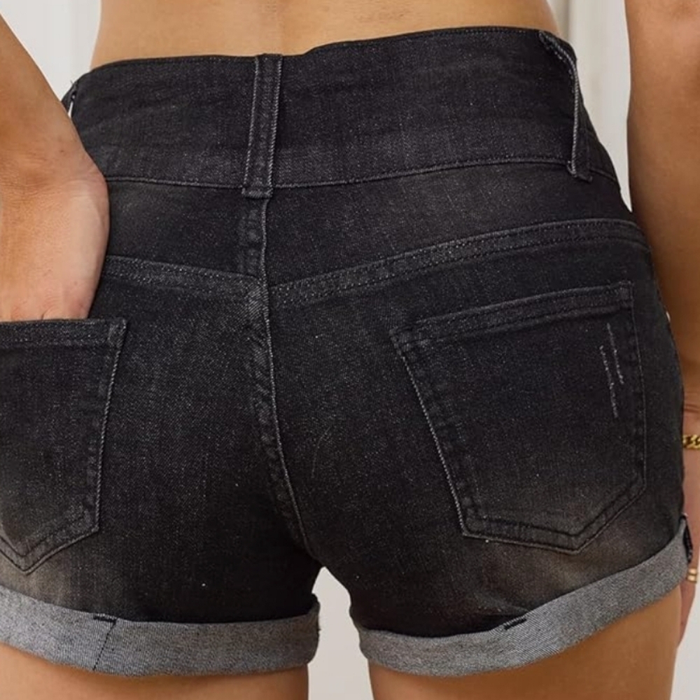 BWQ Womens Black High Waisted Denim Stretch Short NWT Size 33 - Picture 2 of 9